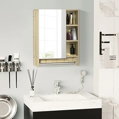 Imagen de kleankin Armario de Baño con Espejo Pared 1 Puerta Estante Ajustable Toallero y Compartimento Mueble Colgante para Salón 60x15x70 cm Roble