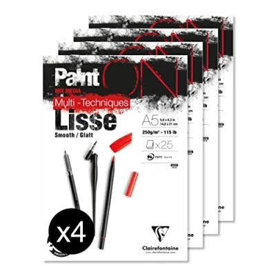 Imagen de Clairefontaine 975728C Un bloc encollé de papier dessin Paint&#039;On 25 feuilles 14,8x21 cm 250g, Blanc lisse Paquet 4 blocs