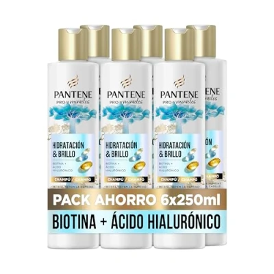 Imagen de Pantene Pro V Miracles Hidratación y Brillo Champú con Biotina 250ml x6 para Pelo Seco Dañado, Ácido Hialurónico que Aporta Hidratación. Hidratante Vitamina B5