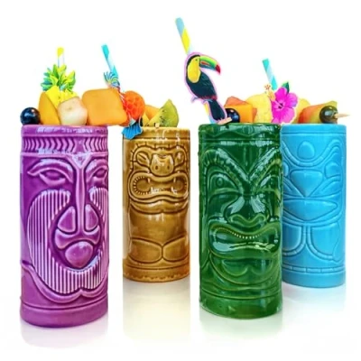 Imagen de Mikamax Tiki Mugs Set Juego de 4 cócteles Cerámica Copas cóctel Bar Taza 29 x 8 15 cm para Cocteles Coctel Piña Colada