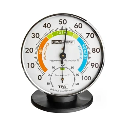 Imagen de TFA Dostmann Termohigrómetro de precisión en francés, 45.2033.FR, para control climático interior, analógico, temperatura/humedad del aire, plata/negro