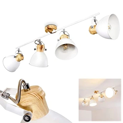 Imagen de lámpara de techo Banjul, metal en blanco/madera, 4 luces, con focos ajustables, x casquillo E27, diseño retro/vintage spot, sin bombilla(s)