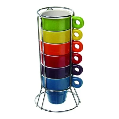 Imagen de Paxanpax PSA462 Juego de 6 tazas y soporte apilables cerámica para café expreso, múltiples