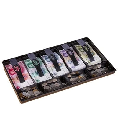 Imagen de Bandeja de efectivo plástico con 5 billetes, 4 compartimientos monedas, reemplazo inserción registro cajón efectivo, caja almacenamiento dinero, 15.9x9.6x1.3 pulgadas(negro)