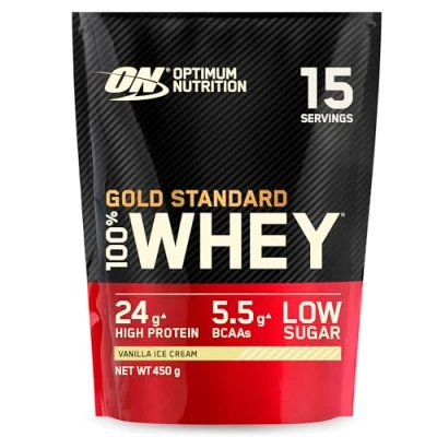 Imagen de Optimum Nutrition Gold Standard 100% Whey, Proteína en Polvo para Recuperacíon y Desarrollo Muscular con Glutamina Natural Aminoácidos BCAA, Sabor Helado de Vainilla, 15 Dosis, 450 g