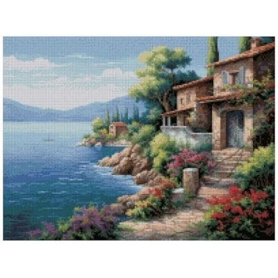 Imagen de max stitch design Lakeside Cottage Kit de punto cruz (14 hilos, 100% algodón, 200 x 150 puntadas, 36 27 cm), diseño paisaje algodón