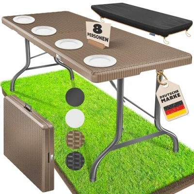 Imagen de KESSER® Mesa Buffet Plegable de Plástico 180 x 75 cm Con Aspecto Ratán, Para Fiesta, Jardín, Terraza y Balcón 6 Personas, Asa Transporte Incluida, Marrón