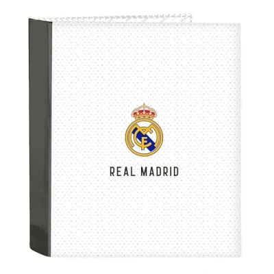 Imagen de REAL MADRID 1ª EQUIPACIÓN 24/25 Carpeta Folio 4 Anillas, Ideal para Niños de Diferentes Edades, Cómoda y Versátil, Calidad Resistencia, 27x6x33 cm, Color Blanco/gris