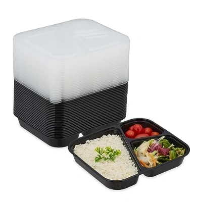Imagen de Relaxdays Fiambreras Plástico, Set de 24, 3 Compartimentos, Aptas Microondas, Reutilizables, Cajas para Meal Prep, Negro, 4 x 20 18 cm