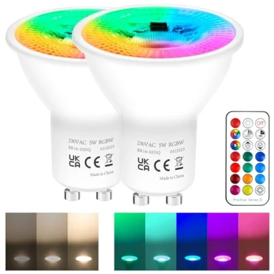 Imagen de REYLAX Bombillas LED Colores GU10 de 5W, RGB Blanco Cálido Regulable Bombilla con Mando a Distancia, Focos RGBW 12 Colore, AC 85 265V, Función Memoria y Sincronización (paquete 2)