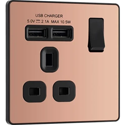 Imagen de Toma de corriente BG Electrical Evolve con un solo conmutador y 2 puertos carga USB (2,1 A), 13 A, cobre pulido,PCDCP21U2B