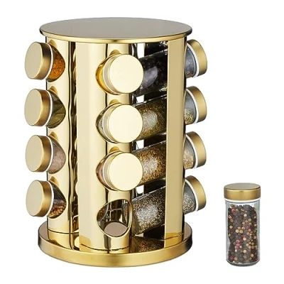 Imagen de Relaxdays Especiero Giratorio, 16 Dosificadores, 360º, Acero Inoxidable, Cristal, 5 x 20 cm, Soporte Especias, Dorado, 27,5 cm