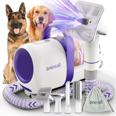 Imagen de oneisall Aspirador pelos animal domésticocon cepillo, Súper poder de succión con 12000pa, Aspiradora para perro un botón, Mascotas 4 Cepillos,1.5L