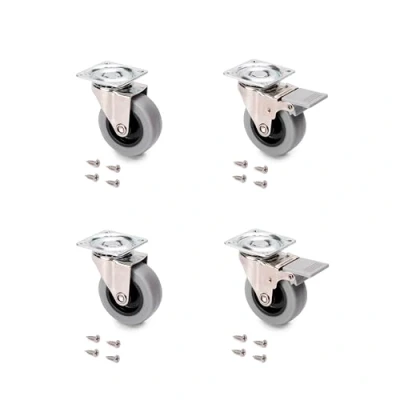 Imagen de Emuca Lote de 4 ruedas pivotantes para mueble Ø50mm con placa montaje y rodamiento bolas, goma muebles color gris