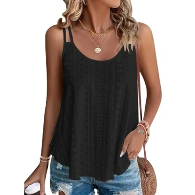 Imagen de WNEEDU Camisetas sin Mangas de Verano para Mujer Chalecos Top Loost Fit Camisas Casuales Chaleco Bordado con Ojales Blusas Cami Camisola Negro S