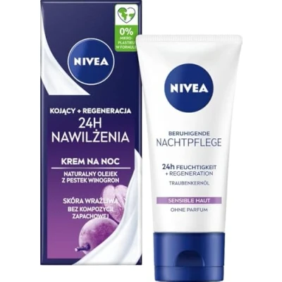 Imagen de NIVEA Cuidado nocturno calmante 24h humedad + regeneración, crema facial sin perfume para pieles sensibles, delicada de noche con aceite semilla uva