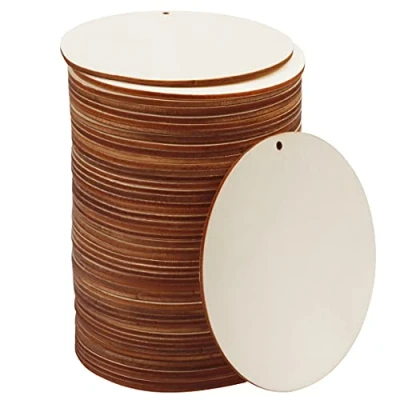 Imagen de Kurtzy Discos de Madera Natural Sin Terminar con Agujero (Pack 50) 10 cm y 2,5 mm Grosor Rodajas en Blanco Circulo para Manualidades, Posavasos, Adornos del Hogar