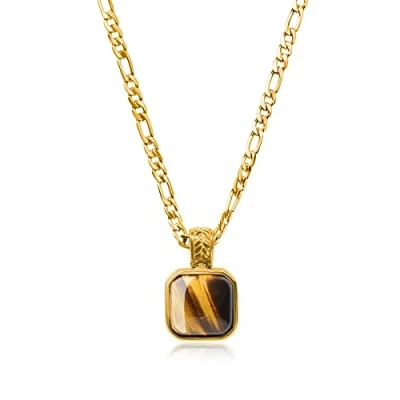 Imagen de COAI Collar para Hombre con Cadena Figaro en Acero Inoxidable Chapado Oro y Colgante Cuadrado de Ojo Tigre Piedra Natural