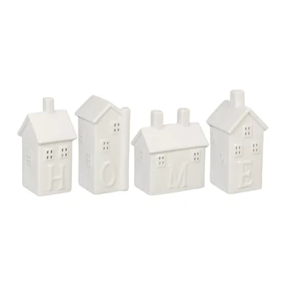 Imagen de Relaxdays Casita Portavelas de Cerámica, Casa Luz para 1 Vela Té, Portacandelitas, Forman la Palabra Home, Blanco, 12 x 10 6 cm