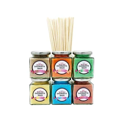 Imagen de Hopser Food Fun azúcar Algodón de en tarro cristal para máquina, aroma primer calidad Colorido 6 x 175 g +50 varillas