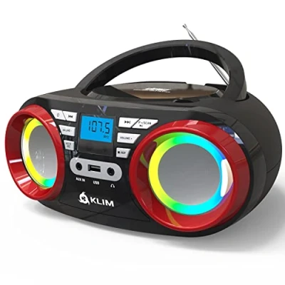 Imagen de KLIM Boombox B3 Reproductor de CD portátil con Radio FM y batería Recargable Nuevo 2024 Luces RGB Bluetooth, MP3, AUX, FM, CD, USB ecualización Digital