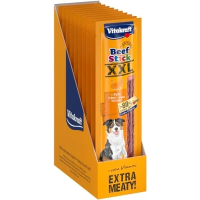 Imagen de Vitakraft Beef Stick XXL, golosina para perros, con alto contenido en carne, mimar y recompensar, sin azúcar añadido (15x 30g)
