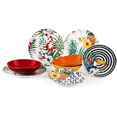 Imagen de Excelsa Vajilla Tropical Chic de 18 piezas, hecha porcelana multicolor