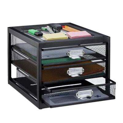 Imagen de Relaxdays Organizador Escritorio con 3 Cajones para Documentos A4, Acero, Negro, 23 x 27,5 35,5 cm