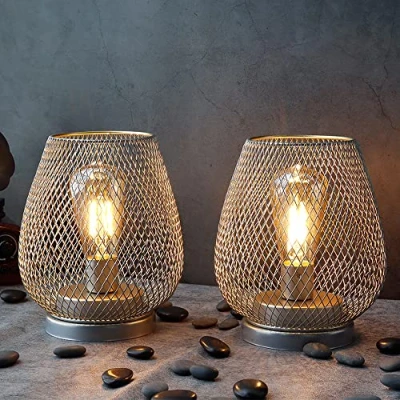 Imagen de JHY DESIGN Juego de 2 Linternas LED con Jaula Metal Luz Acento Inalámbrica a Batería Ideal para Bodas Fiestas Eventos en el Patio Interiores (Oro)