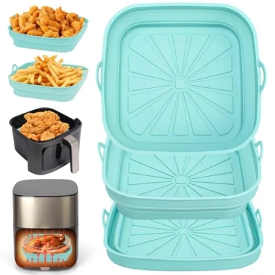 Imagen de Alyvisun Molde Silicona Freidora de Aire, 3 Piezas Bandeja Moldes Air Fryer Reutilizable Recipientes Cuadrado Cesta Utensilios para sin Aceite, Microondas, Horno (Azul)