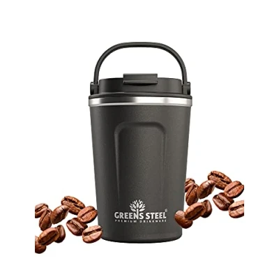 Imagen de Greens Steel Taza de Café Reusable 350ml, Negro I Termo para Llevar con Tapa y Asa Antifugas, Aislado en Acero Inoxidable Bebidas Calientes Frías Té, Café,