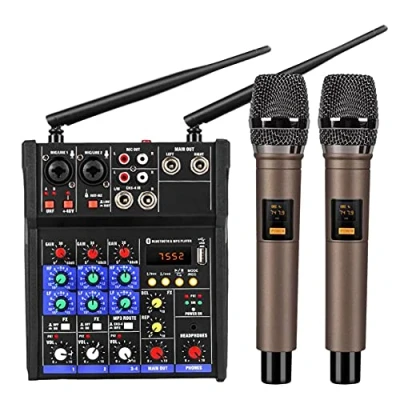 Imagen de GANMEI Consola mezclador de audio 4 canales micrófono inalámbrico mezcla sonido Bluetooth USB Mini Dj Mixer+Karaoke