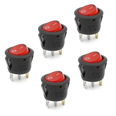 Imagen de Heschen Interruptor basculante redondo de encendido y apagado SPST 3 terminales 24 V luz roja 6 A 250 VAC 5 unidades