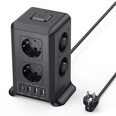Imagen de Torre Regletas Enchufes, Regleta USB 8 Tomas de AC y 4 Enchufe Multiple, 2500W/10A,Regleta Enchufes Proteccion Sobretension, 2M Regreltas Vertical con Interruptor para Mesa, Oficia, Casa, Negro