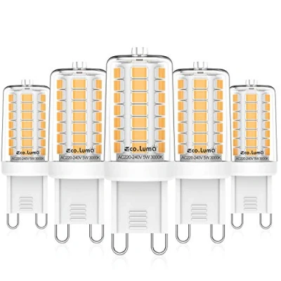 Imagen de Eco.Luma Bombillas LED G9 5W, Blanco Cálido 3000K, Repuesto Lámparas Halógenas 40W, ángulo Haz de 360 Sin Parpadeo, No Regulable, CA 220 240 V, Paquete 5