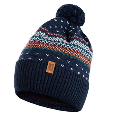 Imagen de HEYO Gorro de invierno unisex H00002 con forro polar punto cálido pompón patrón noruego, azul oscuro, Talla única