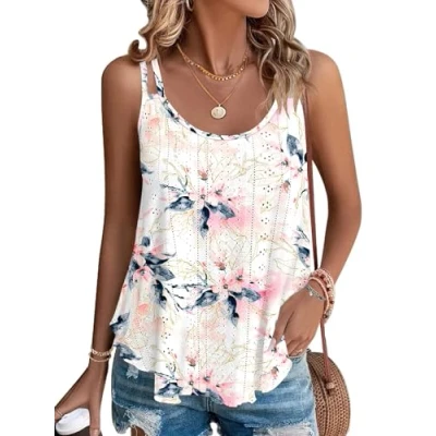 Imagen de WNEEDU Camisetas sin Mangas de Verano para Mujer Chalecos Top Loost Fit Camisas Casuales Chaleco Bordado con Ojales Blusas Cami Camisola Flor Blanca Rosa L