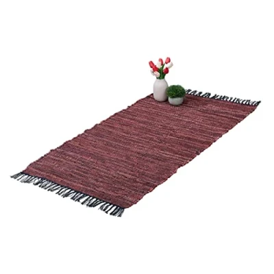 Imagen de Relaxdays Alfombra de Pasillo con Flecos, 70 x 140 cm, Algodón y Cuero, Antideslizante, Retazos, Rojo