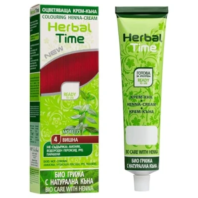 Imagen de Herbal Time Henna Natural Colorante en Crema Pelo Cubre Canas Tinte Coloración Temporal Sin Amónico, Sulfatos y Parabenos Rojo Color Guinda 4 75ml