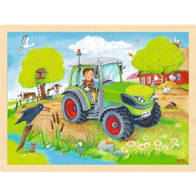 Imagen de goki 57326 Puzzle para Insertar Tractor y Granja de Madera, promueve la imaginación motricidad Fina en niños, Animales Granja, 40 cm x 30 cm, Juego 96 Unidades, a Partir 3 años,