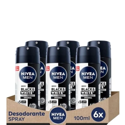 Imagen de NIVEA MEN Black &amp; White Invisible Spray Pocket en pack de 6 (6 x 100 ml), desodorante antimanchas con protección 48 h, antitranspirante para cuidado masculino