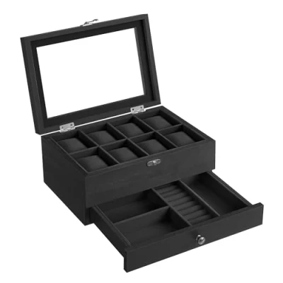 Imagen de SONGMICS Caja de Relojes con 8 Ranuras, Estuche Madera 2 Niveles Tapa Cristal, Almohadillas, Forro Terciopelo, Regalo Seres Queridos, Negro Tinta JOW008B02