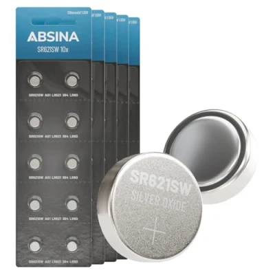 Imagen de ABSINA SR621SW Pilas para reloj (1,55 V, óxido de plata, paquete 10 unidades, pila botón a prueba fugas y larga durabilidad) / LR621 SR621 364 V364 R60 AG1 SR