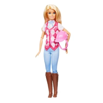 Imagen de Barbie Misterios: en Busca de la Yegua Perdida Malibú Jinete, Muñeca Rubia Vestida con Ropa equitación, pantalón Vaquero, Botas y Casco Rosa, Inspirado Serie, +3 años, HXJ38