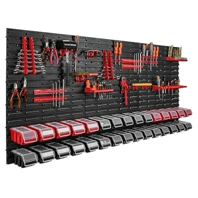 Imagen de Estantería de pared 178 x 78 cm, 30 cajas almacenamiento con tapa, portaherramientas, apilables, taller, banco trabajo