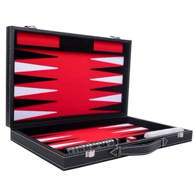 Imagen de Engelhart Backgammon de Lujo 38 cm Piel Simili, Incrustaciones Especiales Fieltro Dados y fichas nacaradas + 2 Tazas Pro. Ocio (Rojo)