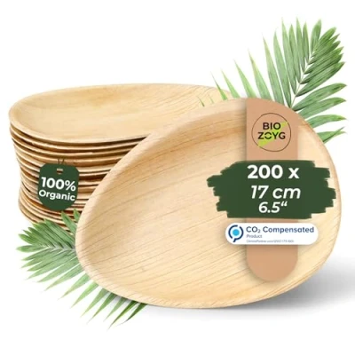 Imagen de BIOZOYG 200x Platos de Hoja Palma 26 cm Vajilla Desechable Palma, en Forma Gota Sostenible para Fiestas