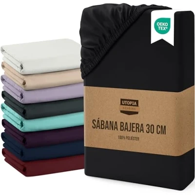 Imagen de Utopia Bedding Sabana Bajera 180x200x30 cm Negro Bolsillo Profundo Microfibra de Poliéster Cepillado (Cama 180)