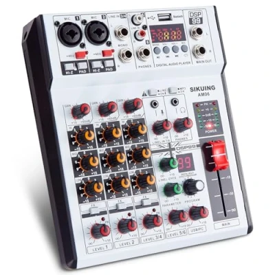 Imagen de SIKUING Mezclador de Audio 6 Canales Mesa Sonido Profesional Consola con 99 Efectos DSP Alimentación Phantom 48V Interfaz USB Bluetooth Mezclas DJ Estéreo para Karaoke Escenario