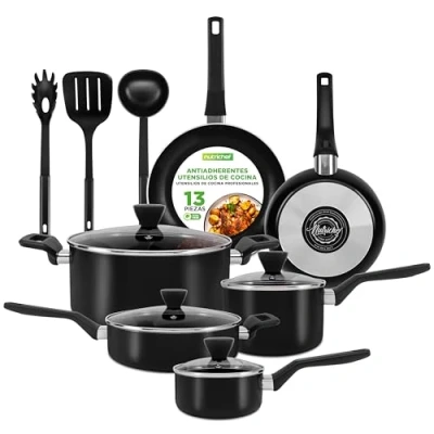 Imagen de Nutrichef bateria de cocina, 13 piezas, Tapas Antiadherentes, Resistentes al calor, Cacerola, Sartenes, Ollas, Cazuela, Cucharon, Tenedor y Colador, Color negro